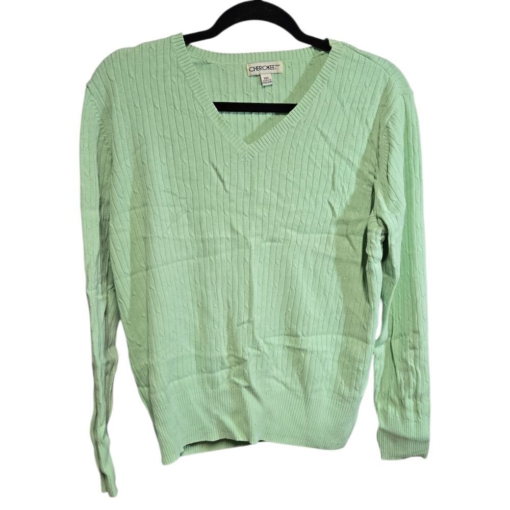Pistachio Green V-Neck Cable Knit Sweater | Soft Fitted Waist-Length | XXL Plus